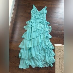 Tadashi Shoji Blue Green Ruched Tiered Gown